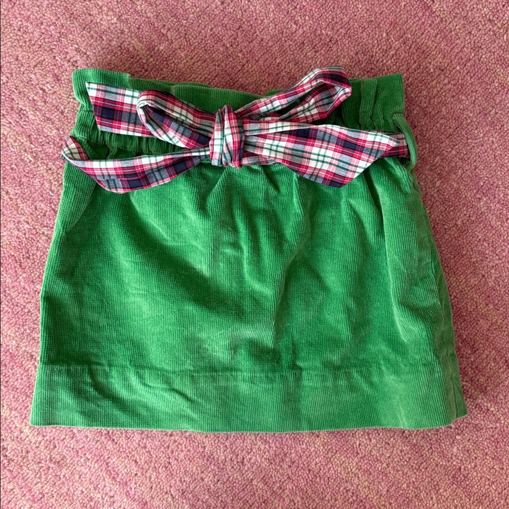 The Beaufort Bonnet Company Green Corduroy Skirt with Plaid Ribbon